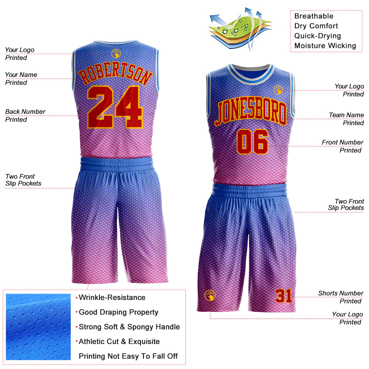 Custom Powder Blue Red Pink Gold-White Honeycomb Gradient Round Neck Sublimation Basketball Uniform Jersey