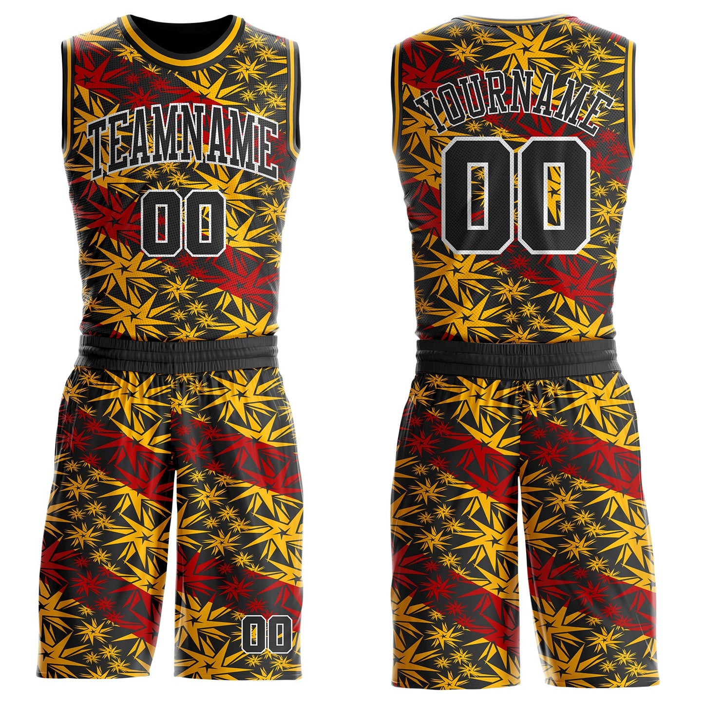 Custom Black Gold Red-White Star Gradient Round Neck Sublimation Basketball Uniform Jersey