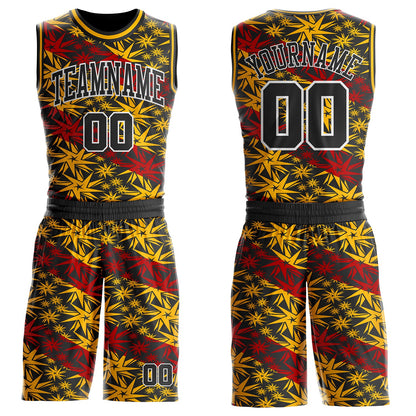 Custom Black Gold Red-White Star Gradient Round Neck Sublimation Basketball Uniform Jersey