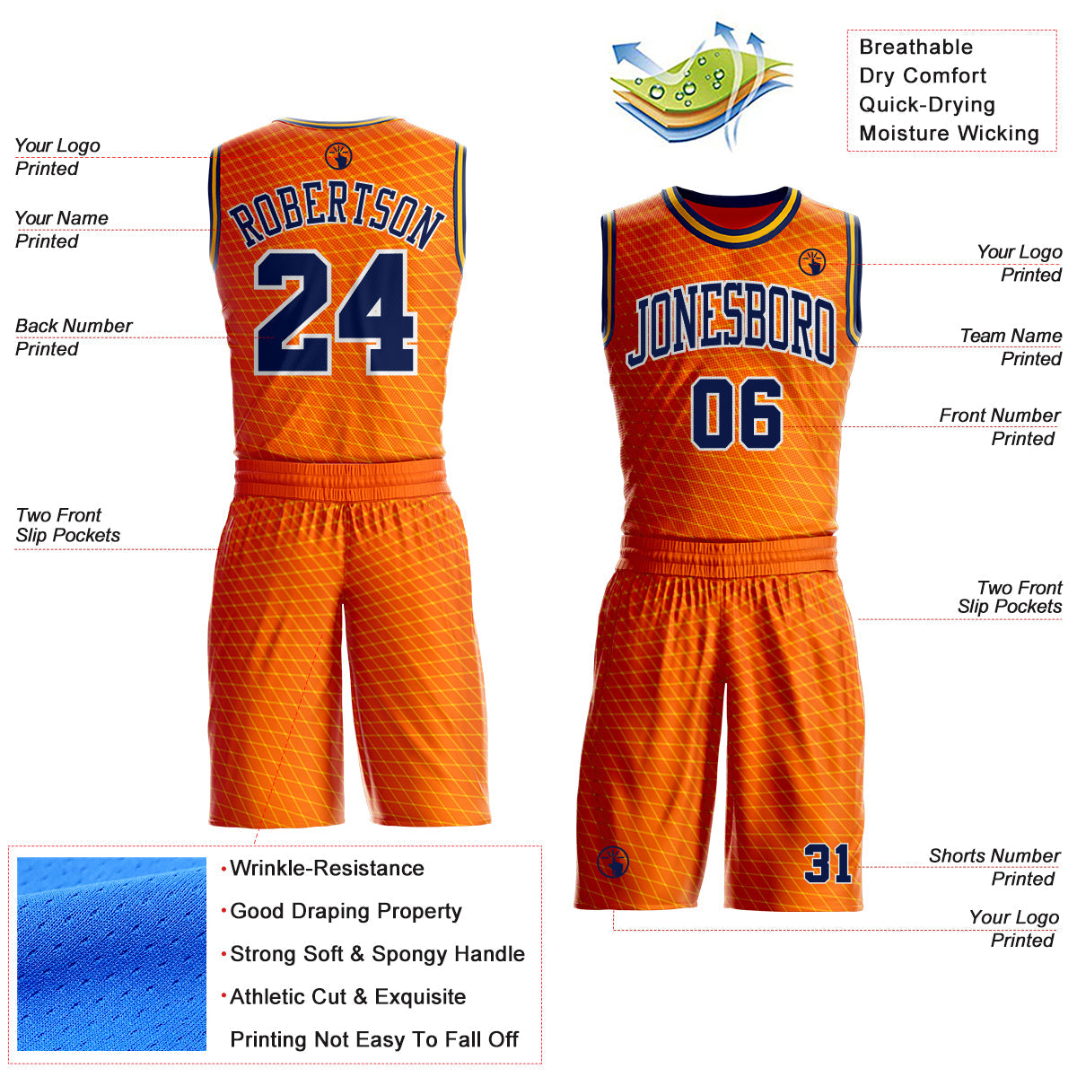 Custom Orange Navy White-Gold Diamond Grid Gradient Round Neck Sublimation Basketball Uniform Jersey