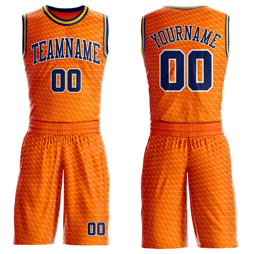 Custom Orange Navy White-Gold Diamond Grid Gradient Round Neck Sublimation Basketball Uniform Jersey