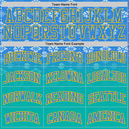 Custom Powder Blue Aqua-Gold Floral Texture Gradient Round Neck Sublimation Basketball Uniform Jersey