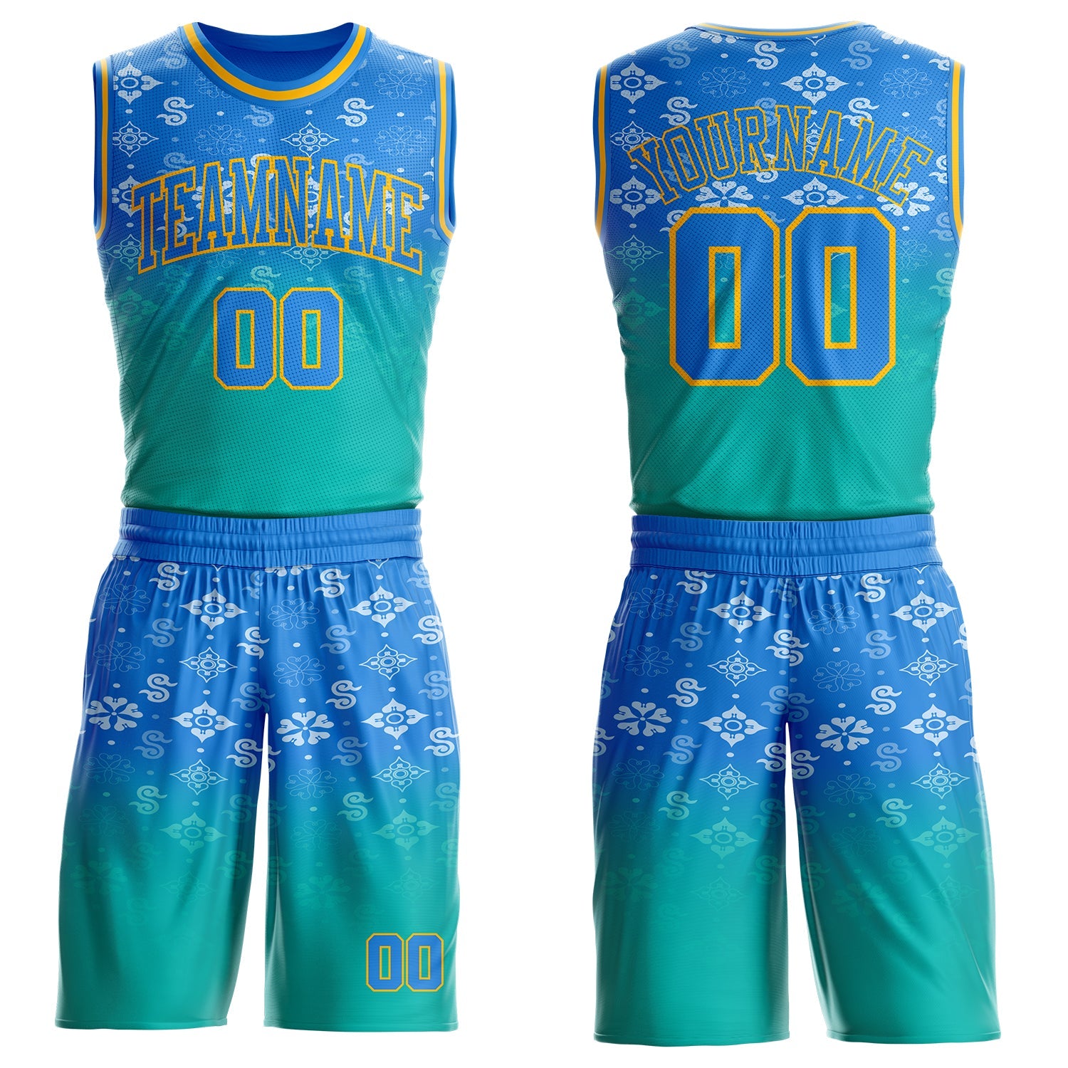 Custom Powder Blue Aqua-Gold Floral Texture Gradient Round Neck Sublimation Basketball Uniform Jersey