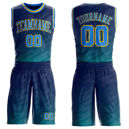 Custom Navy Powder Blue Aqua-Gold Stripe Gradient Round Neck Sublimation Basketball Uniform Jersey