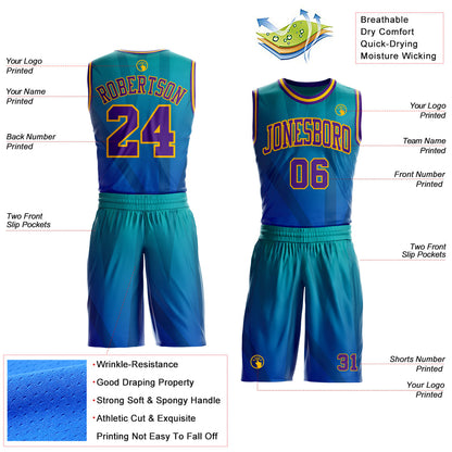 Custom Blue Purple Aqua-Gold Geometric Stripe Gradient Round Neck Sublimation Basketball Uniform Jersey