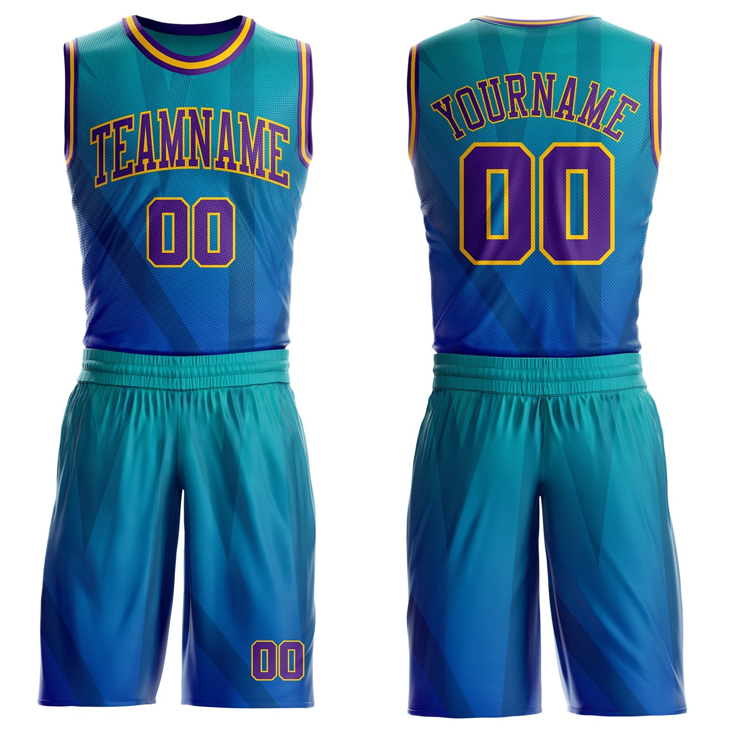Custom Blue Purple Aqua-Gold Geometric Stripe Gradient Round Neck Sublimation Basketball Uniform Jersey