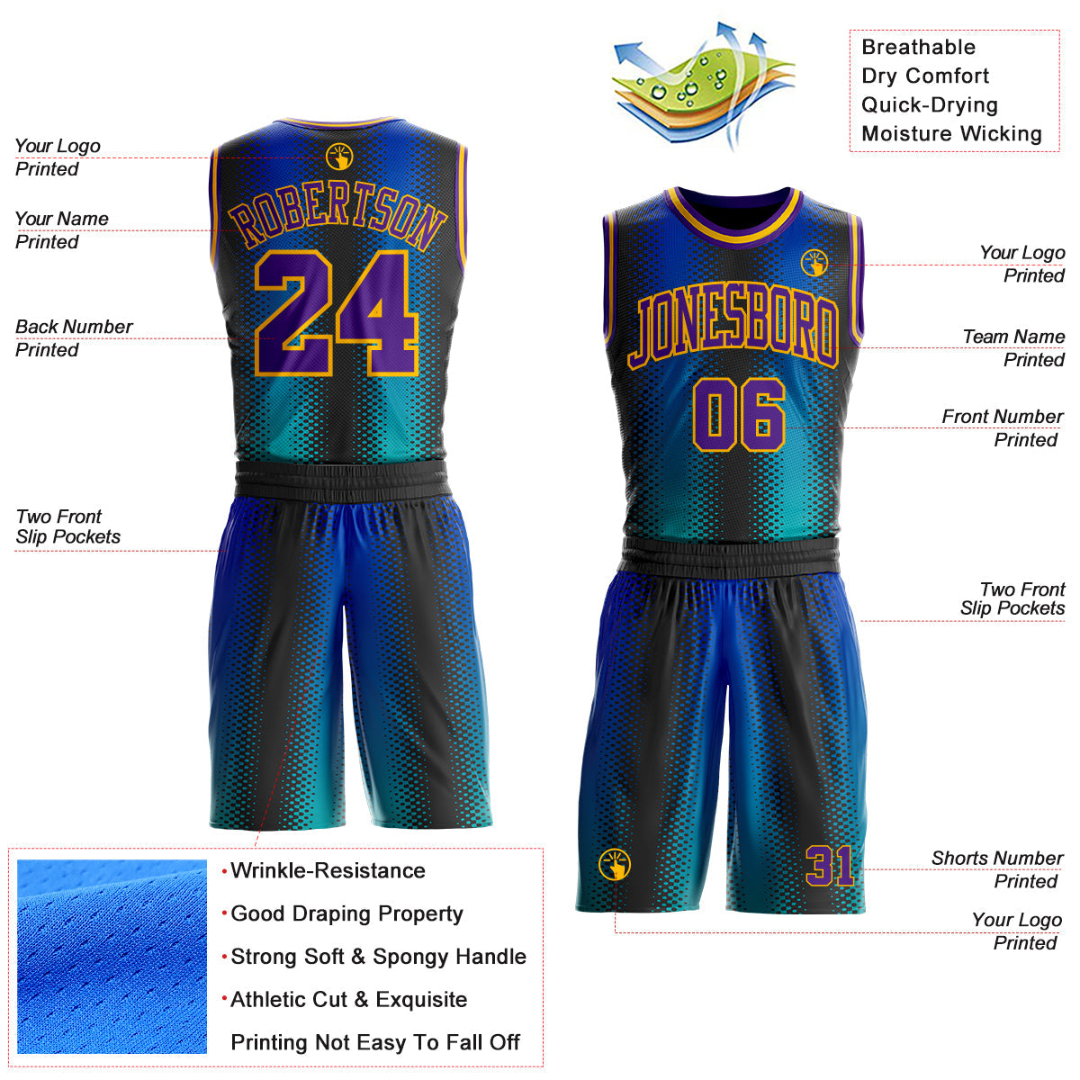Custom Black Purple Blue-Gold Halftone Dot Texture Gradient Round Neck Sublimation Basketball Uniform Jersey
