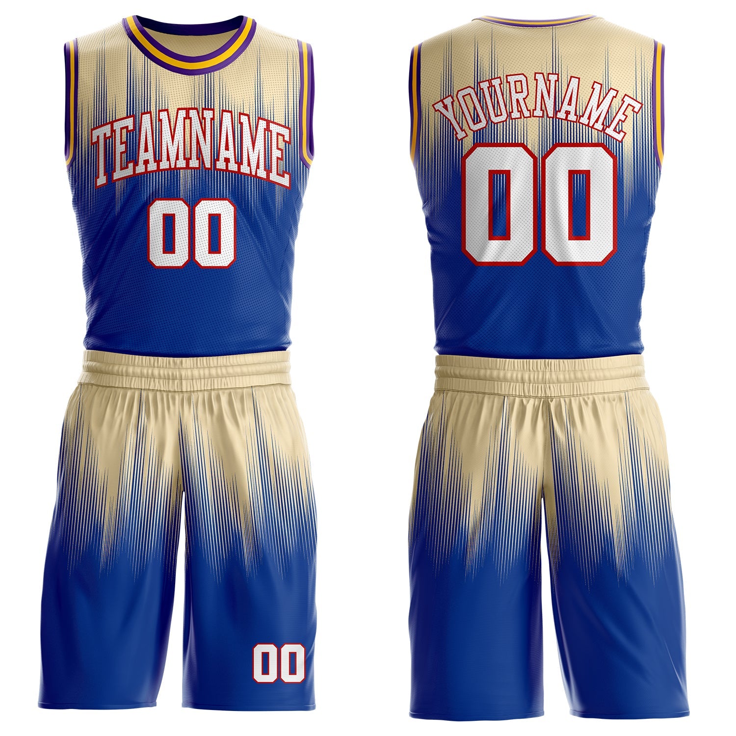 Custom Cream White Royal Red Purple-Gold Speed Line Gradient Round Neck Sublimation Basketball Uniform Jersey