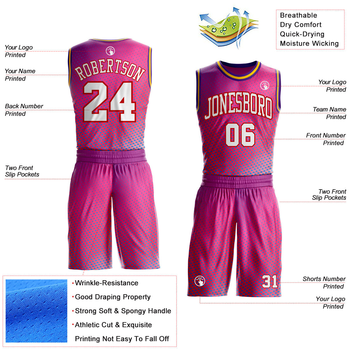Custom Pink White Red Purple-Gold Triangle Dot Gradient Round Neck Sublimation Basketball Uniform Jersey