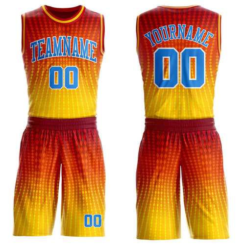 Custom Red Powder Blue Gold-White Diamond Grid Gradient Round Neck Sublimation Basketball Uniform Jersey