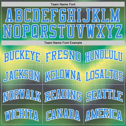 Custom Green Powder Blue Yellow-White Gradient Wave Texture Round Neck Sublimation Basketball Uniform Jersey