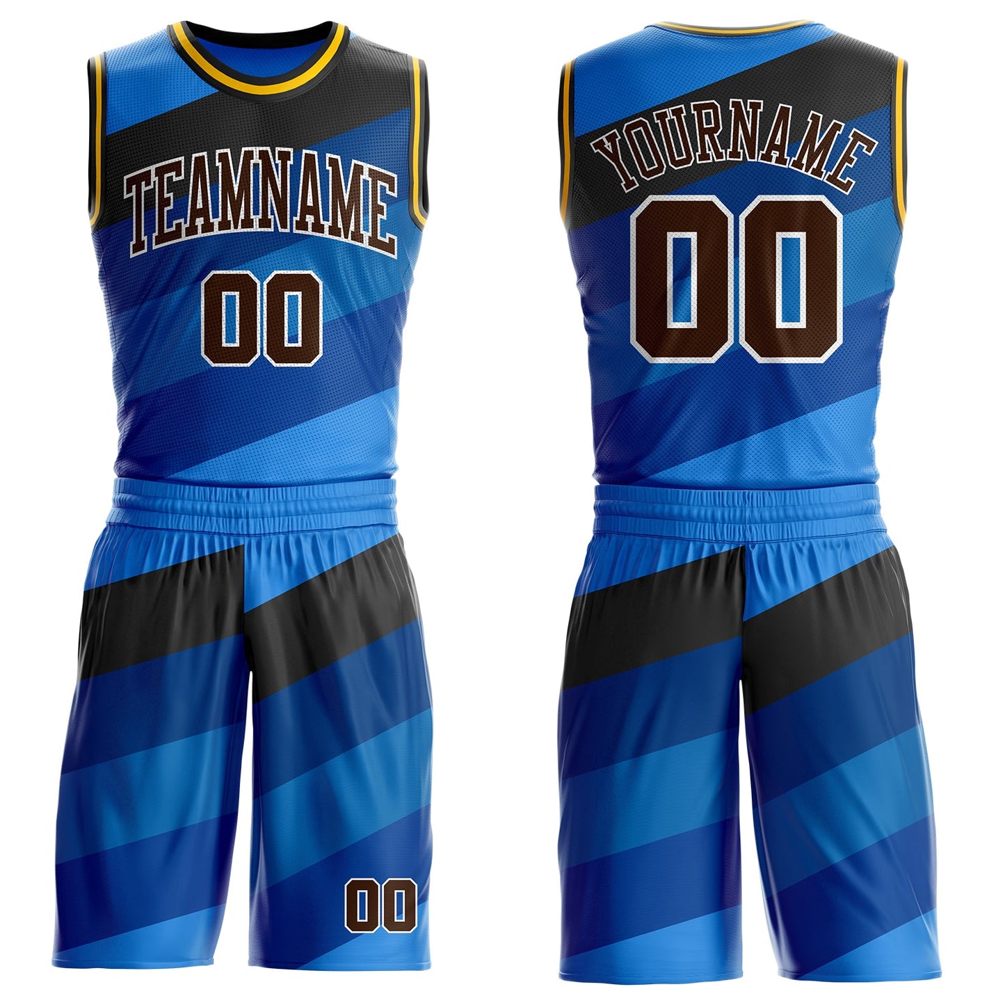 Custom Blue Brown Black White-Gold Diagonal Stripe Gradient Round Neck Sublimation Basketball Uniform Jersey