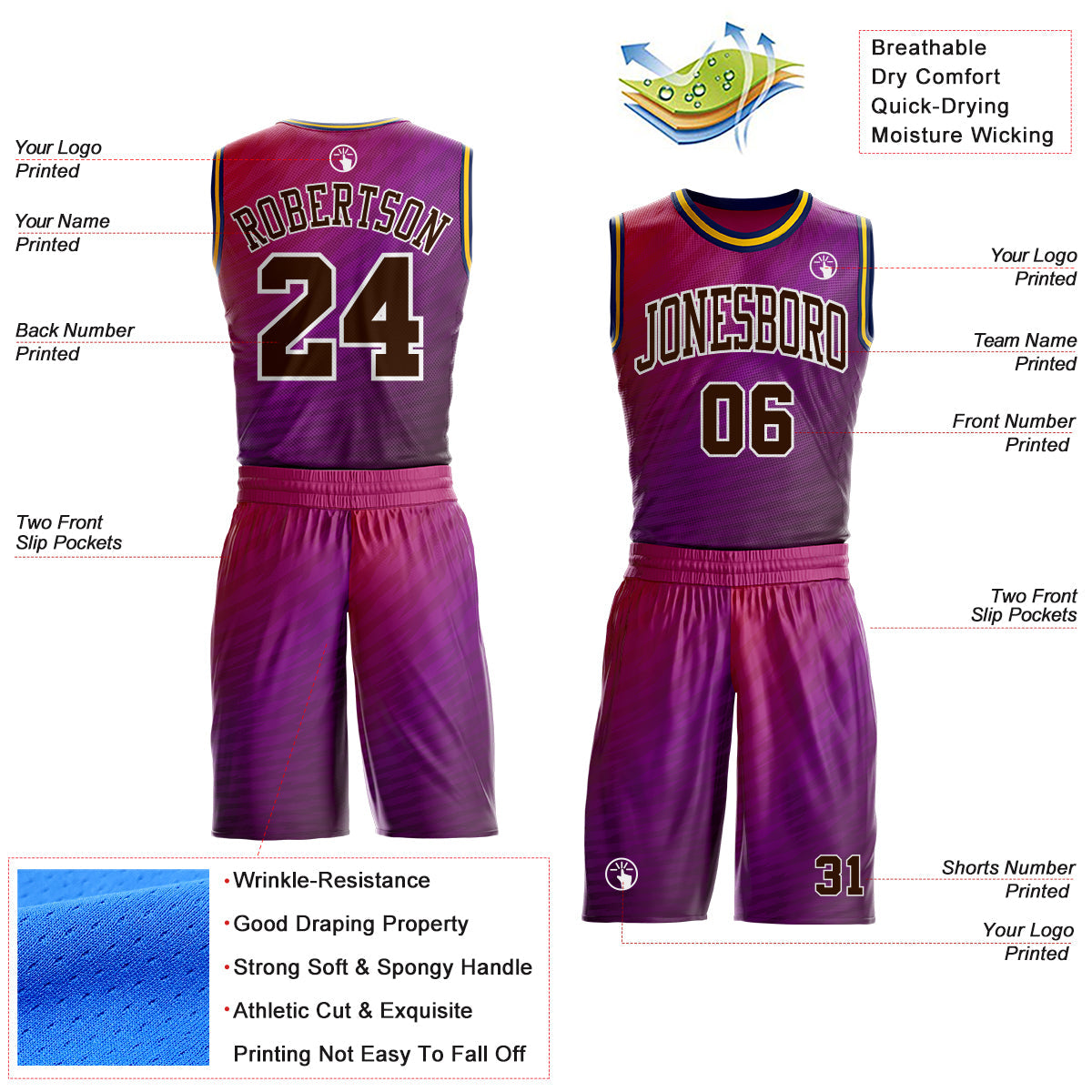 Custom Purple Brown Pink White Navy-Gold Horizontal Stripe Gradient Round Neck Sublimation Basketball Uniform Jersey
