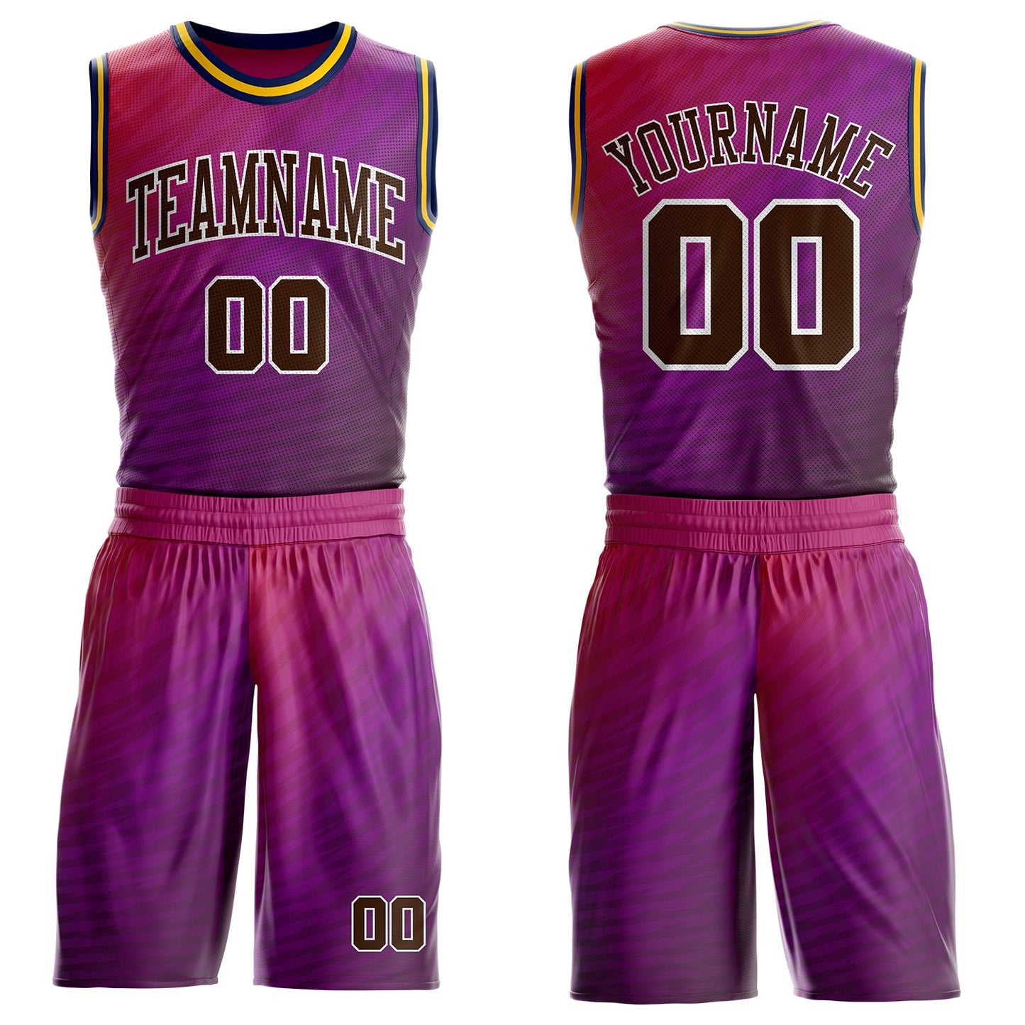 Custom Purple Brown Pink White Navy-Gold Horizontal Stripe Gradient Round Neck Sublimation Basketball Uniform Jersey