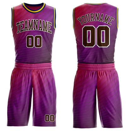 Custom Purple Brown Pink White Navy-Gold Horizontal Stripe Gradient Round Neck Sublimation Basketball Uniform Jersey