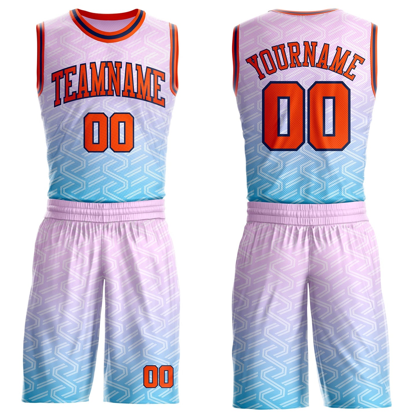 Custom Pink Orange Blue-Navy Geometric Maze Gradient Round Neck Sublimation Basketball Uniform Jersey