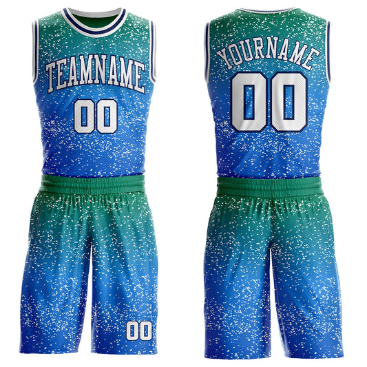Custom Green White Blue-Navy Speckle Splatter Gradient Round Neck Sublimation Basketball Uniform Jersey