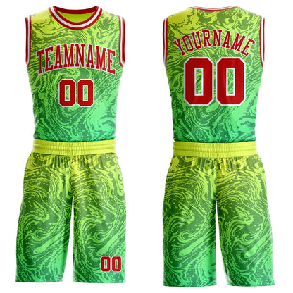 Custom Green Red Yellow-White Gradient Marble Texture Fluid Round Neck Sublimation Basketball Uniform Jersey