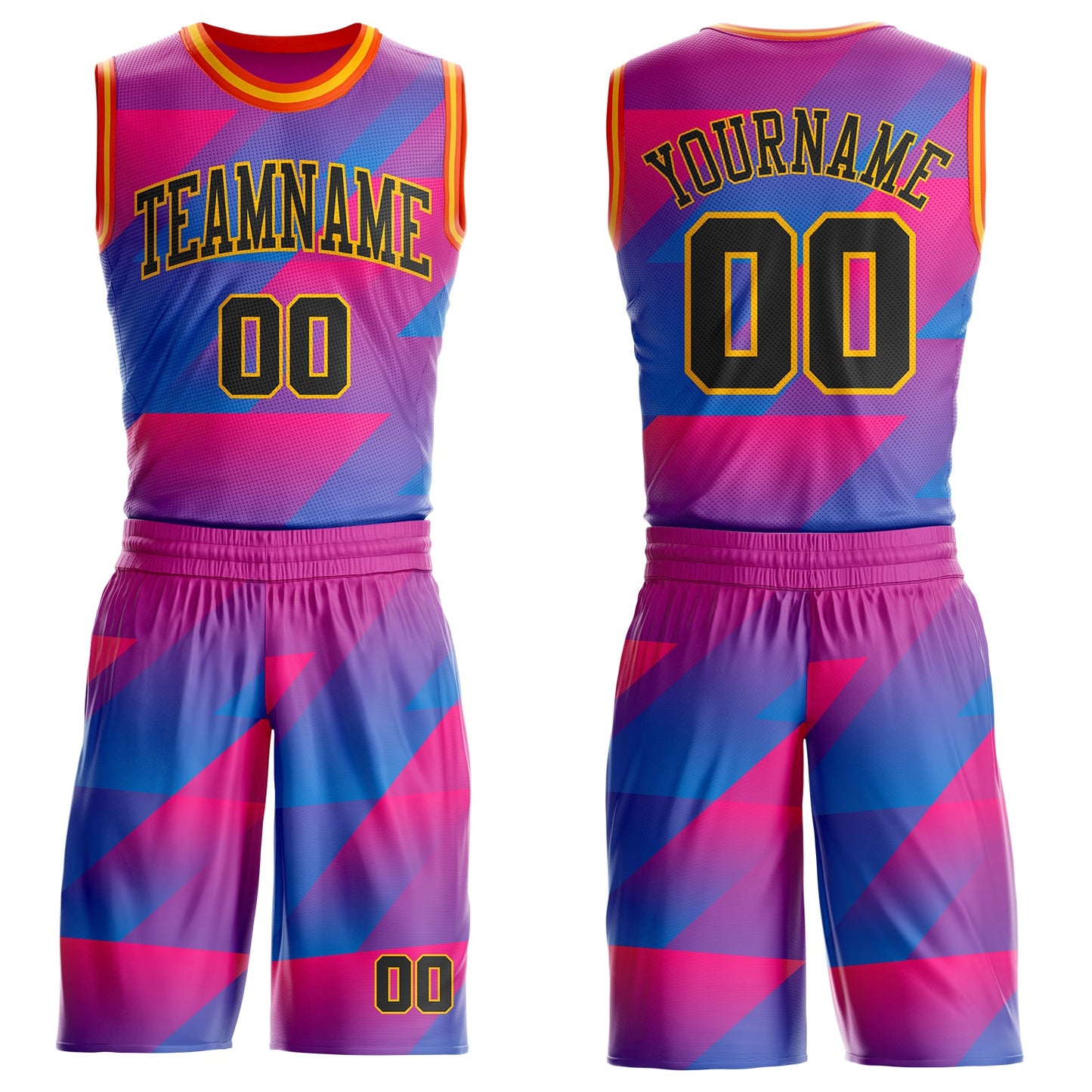 Custom Pink Black Blue Gold-Orange Geometric Triangle Gradient Round Neck Sublimation Basketball Uniform Jersey