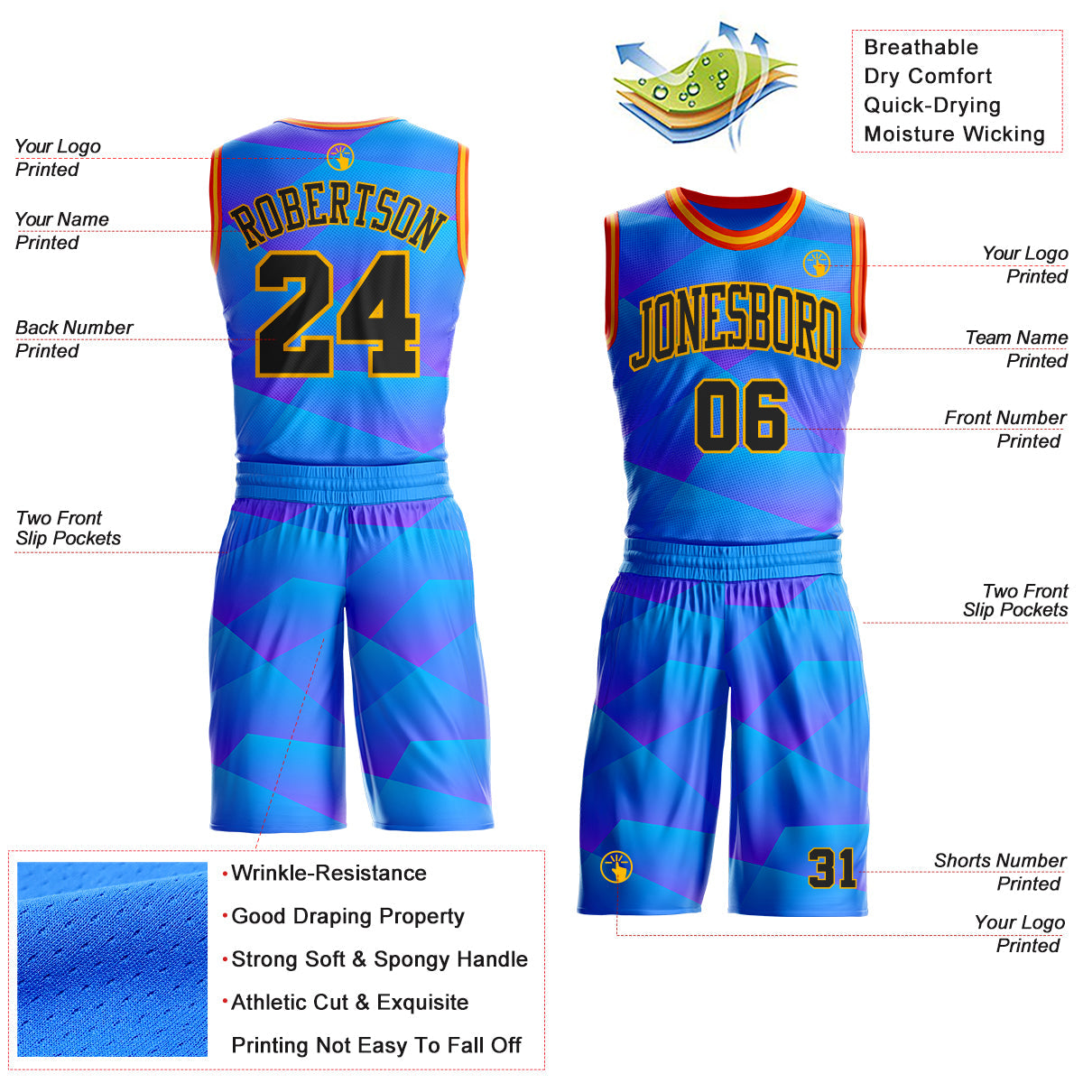 Custom Blue Black Gold-Orange Geometric Gradient Round Neck Sublimation Basketball Uniform Jersey