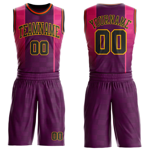 Custom Purple Black Pink Gold-Orange Gradient Line Round Neck Sublimation Basketball Uniform Jersey