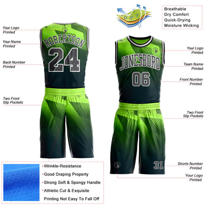 Custom Green Steel Gray White-Black Geometric Line Gradient Round Neck Sublimation Basketball Uniform Jersey