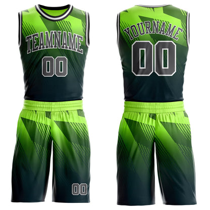 Custom Green Steel Gray White-Black Geometric Line Gradient Round Neck Sublimation Basketball Uniform Jersey