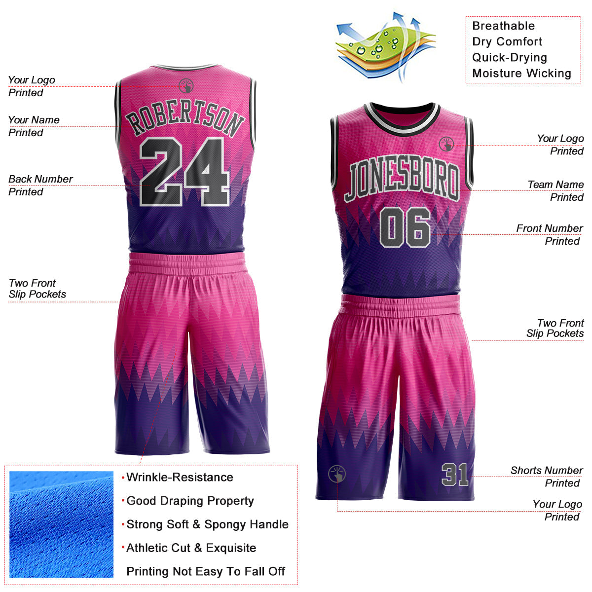 Custom Pink Steel Gray Purple White-Black Chevron Zigzag Gradient Round Neck Sublimation Basketball Uniform Jersey
