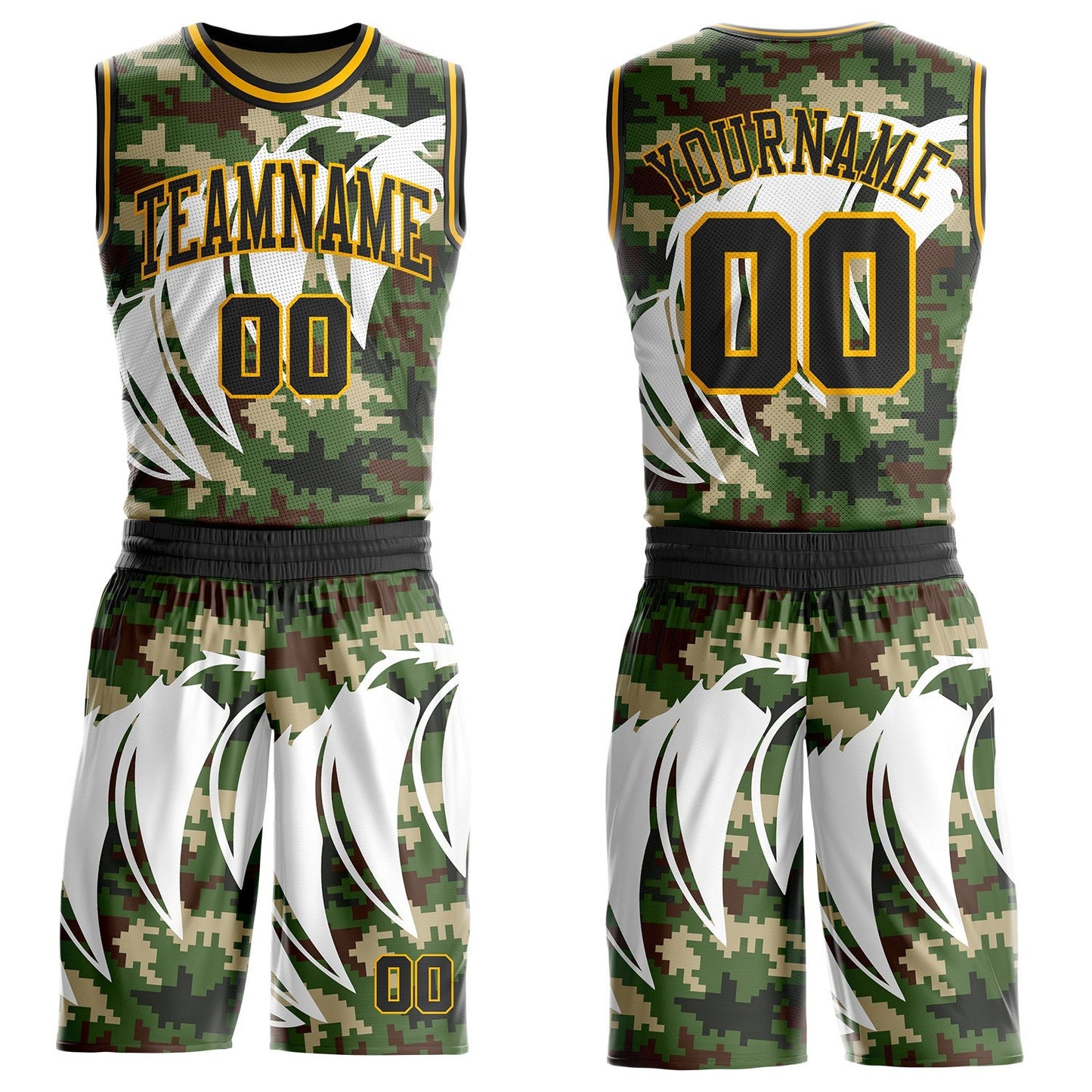 Custom Camo Black-Gold Woodland Camouflage Claw Round Neck Sublimation Salute To Service Basketball Uniform Jersey