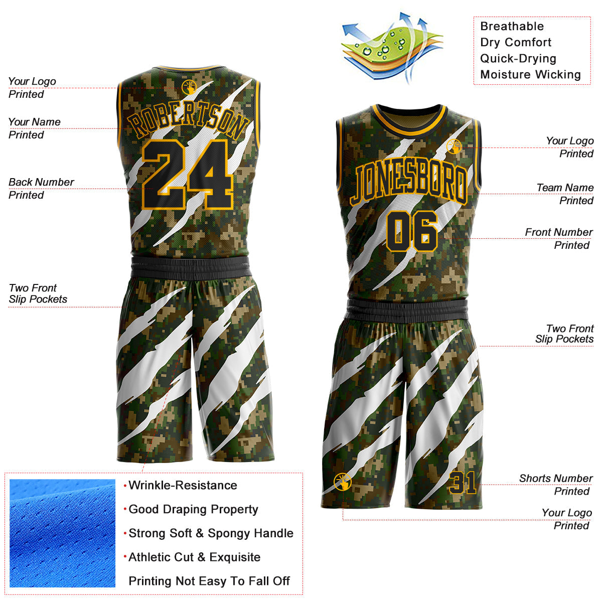 Custom Camo Black-Gold Woodland Camouflage Claw Scratch Round Neck Sublimation Salute To Service Basketball Uniform Jersey