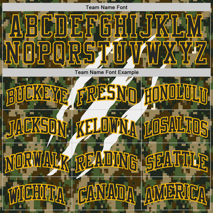 Custom Camo Black-Gold Woodland Camouflage Claw Scratch Round Neck Sublimation Salute To Service Basketball Uniform Jersey