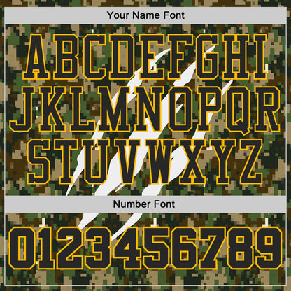 Custom Camo Black-Gold Woodland Camouflage Claw Scratch Round Neck Sublimation Salute To Service Basketball Uniform Jersey