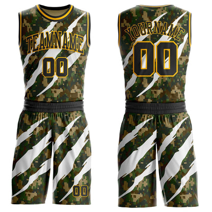 Custom Camo Black-Gold Woodland Camouflage Claw Scratch Round Neck Sublimation Salute To Service Basketball Uniform Jersey