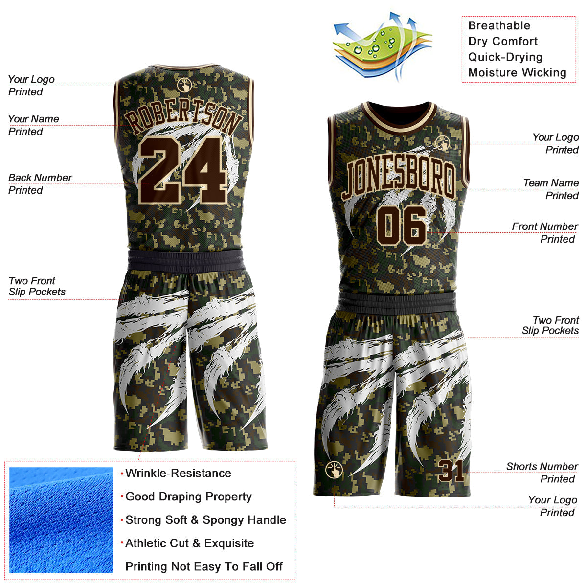 Custom Camo Brown-Cream Woodland Camouflage Claw Scratch Round Neck Sublimation Salute To Service Basketball Uniform Jersey
