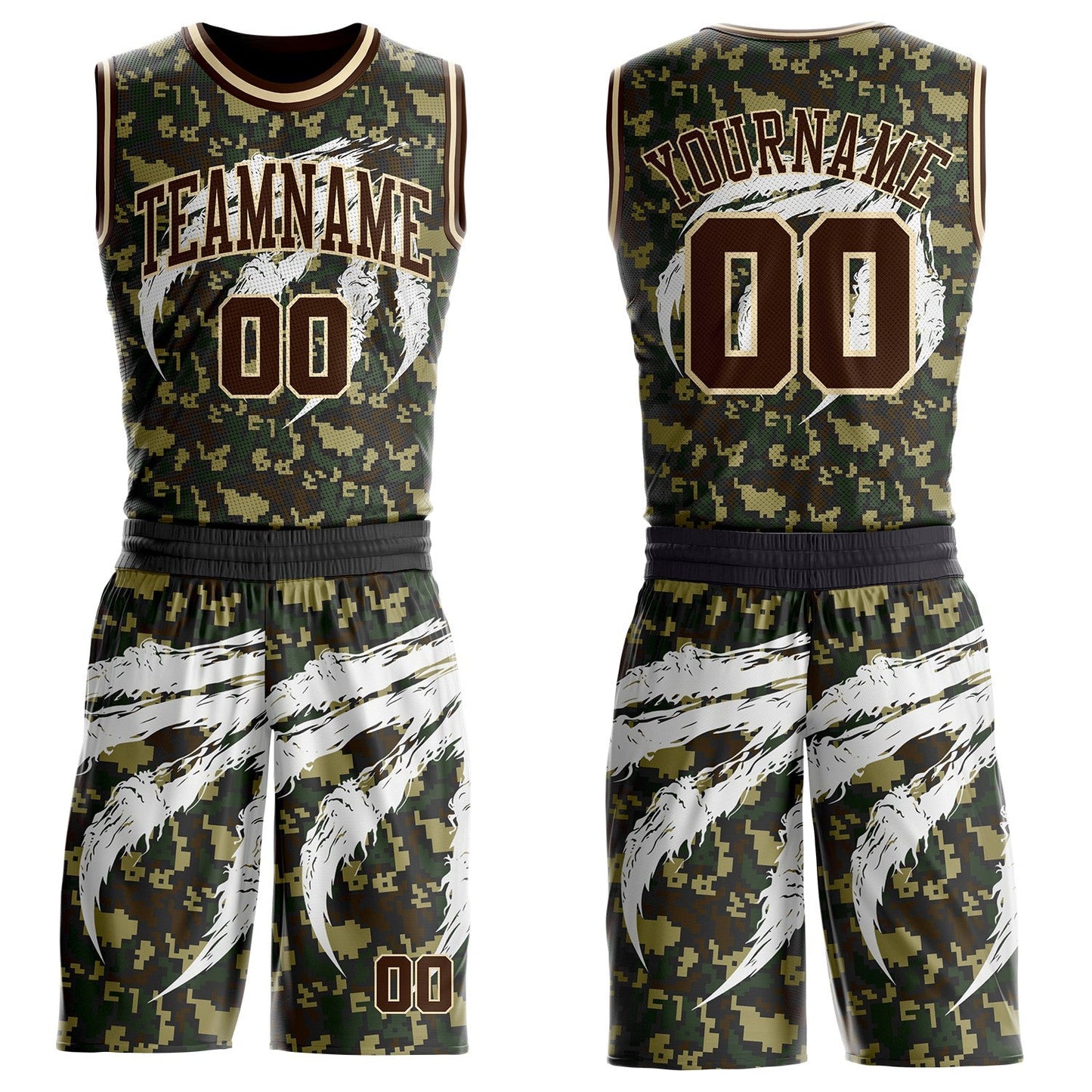 Custom Camo Brown-Cream Woodland Camouflage Claw Scratch Round Neck Sublimation Salute To Service Basketball Uniform Jersey