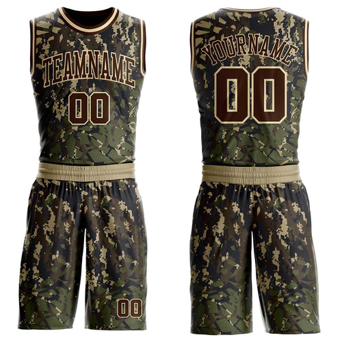Custom Camo Brown-Cream Digital Camouflage Round Neck Sublimation Salute To Service Basketball Uniform Jersey