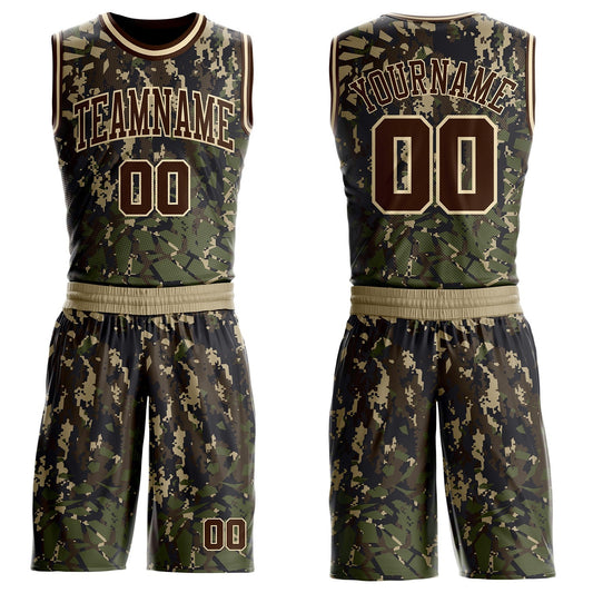 Custom Camo Brown-Cream Digital Camouflage Round Neck Sublimation Salute To Service Basketball Uniform Jersey