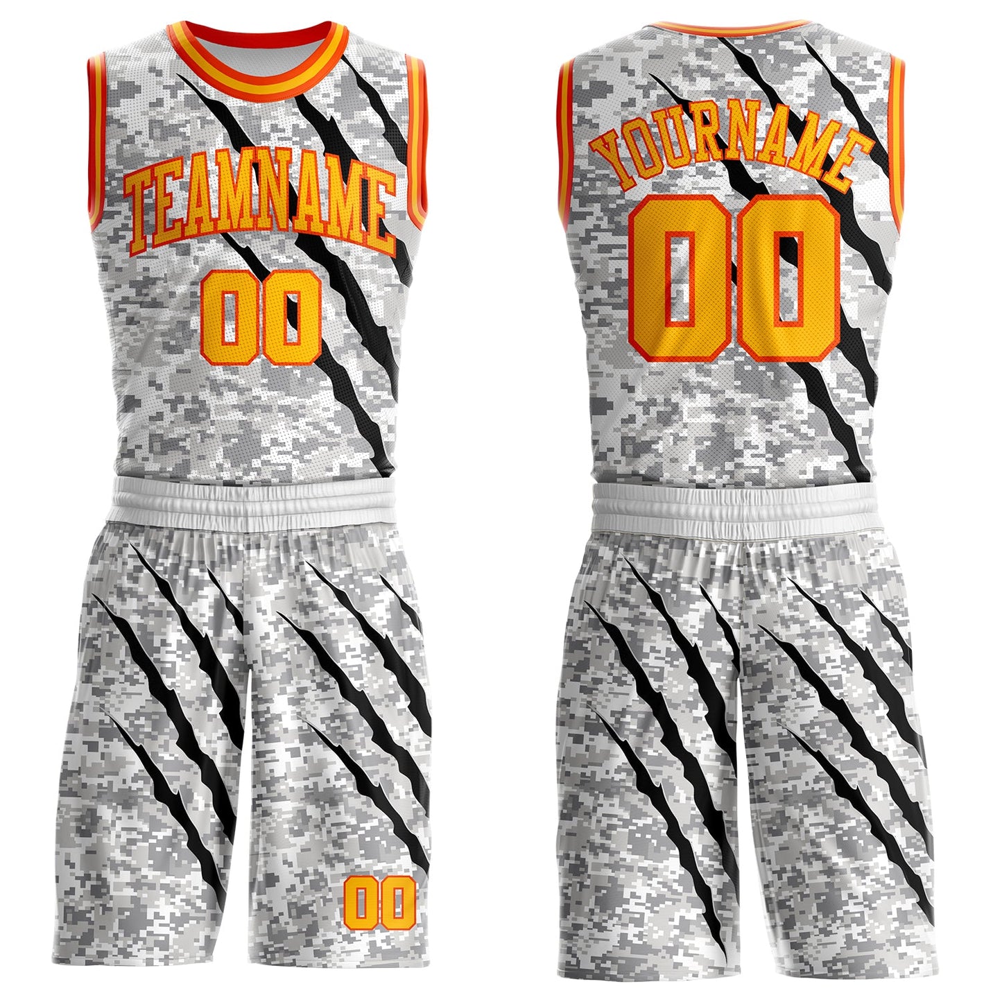 Custom Camo Gold-Orange Digital Camouflage Claw Scratch Round Neck Sublimation Salute To Service Basketball Uniform Jersey