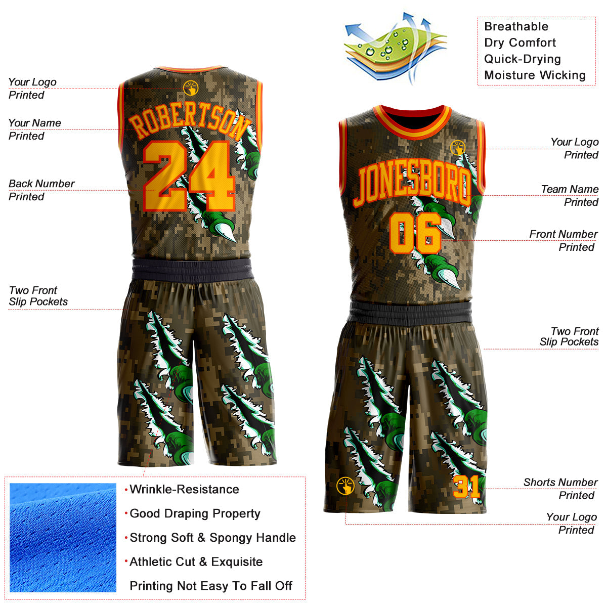 Custom Camo Gold-Orange Digital Camouflage Monster Claw Round Neck Sublimation Salute To Service Basketball Uniform Jersey
