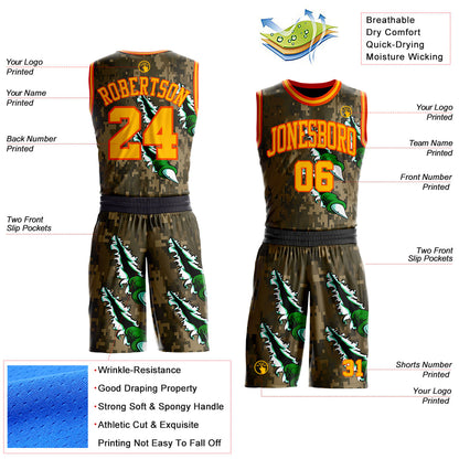 Custom Camo Gold-Orange Digital Camouflage Monster Claw Round Neck Sublimation Salute To Service Basketball Uniform Jersey