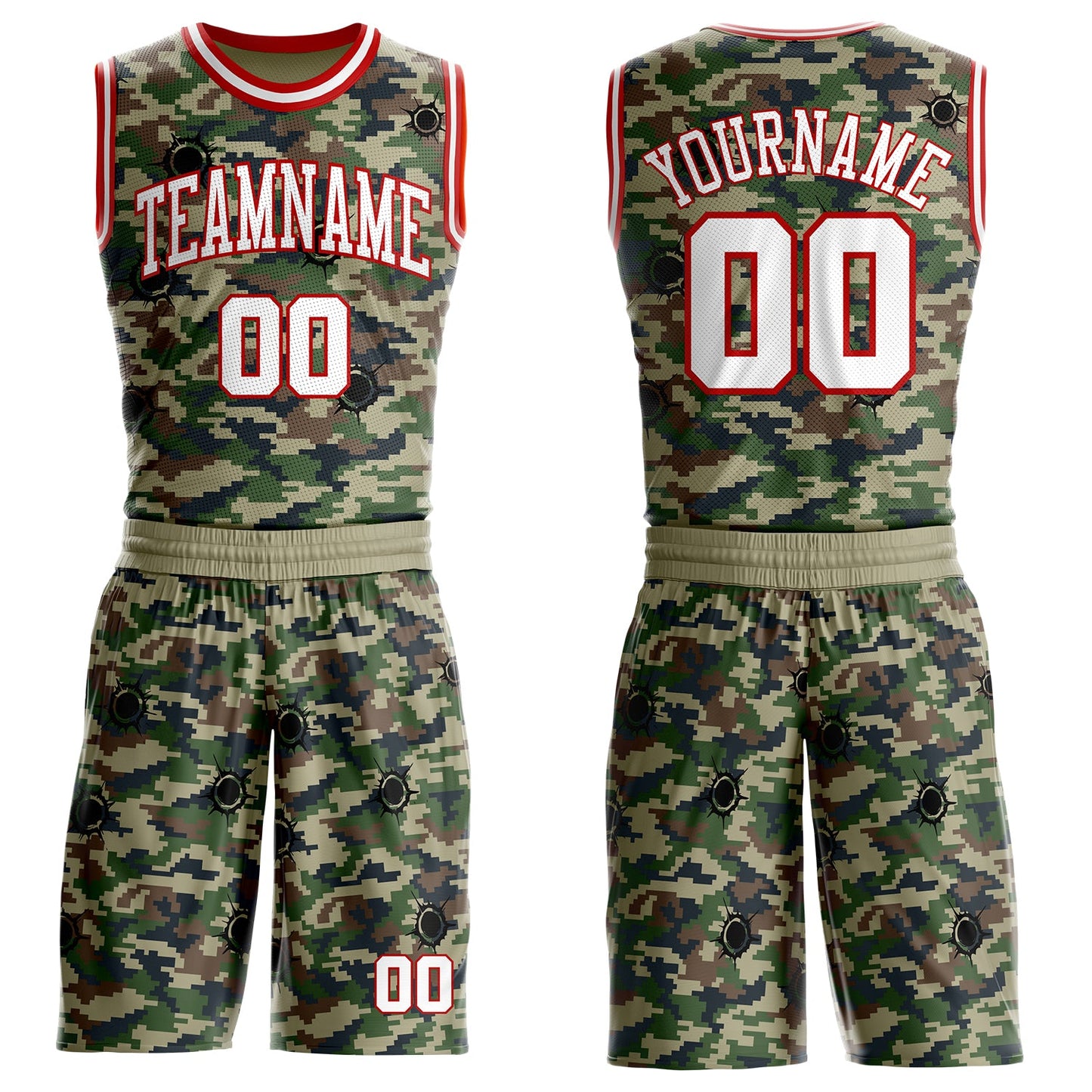 Custom Camo White-Red Woodland Camouflage Bullet Hole Round Neck Sublimation Salute To Service Basketball Uniform Jersey