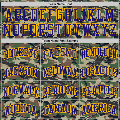 Custom Camo Dark Purple-Gold Woodland Camouflage Barbed Wire Round Neck Sublimation Salute To Service Basketball Uniform Jersey
