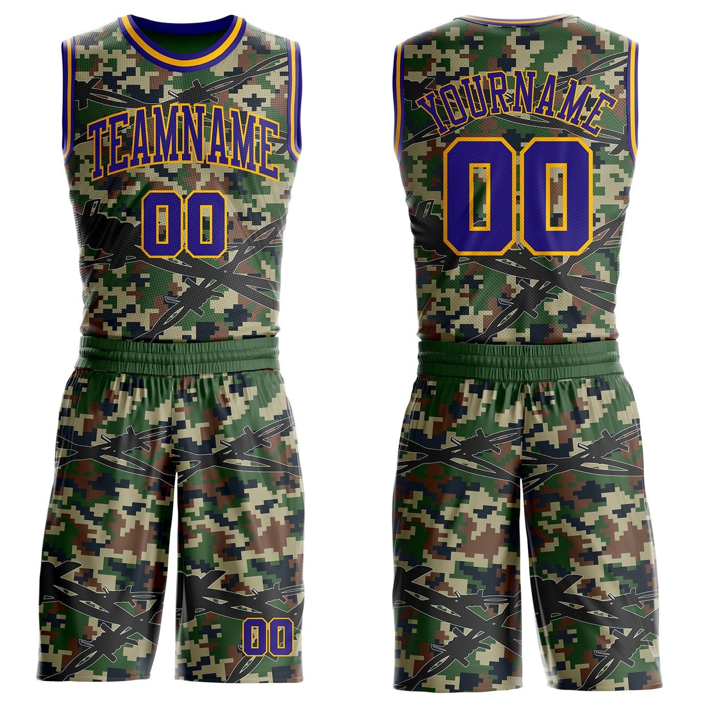 Custom Camo Dark Purple-Gold Woodland Camouflage Barbed Wire Round Neck Sublimation Salute To Service Basketball Uniform Jersey