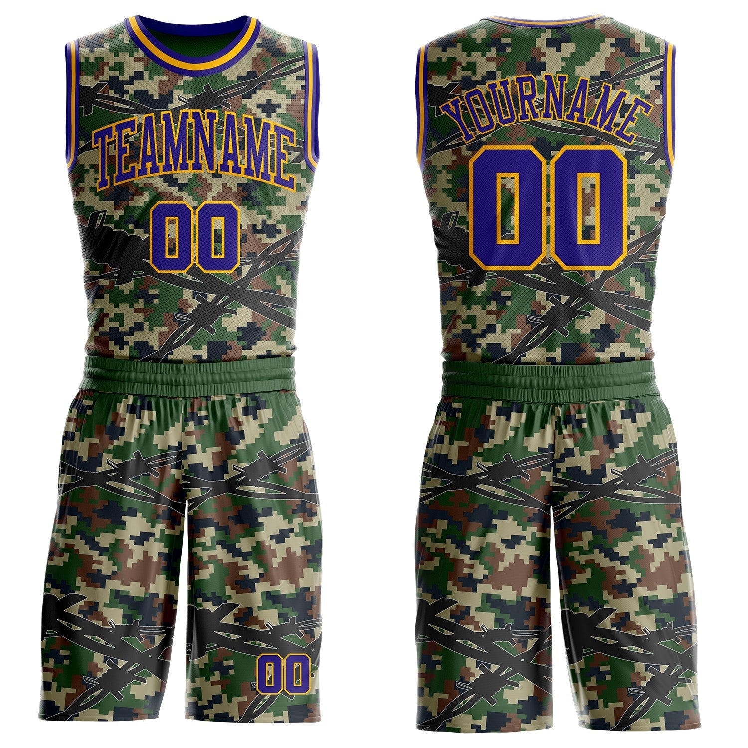 Custom Camo Dark Purple-Gold Woodland Camouflage Barbed Wire Round Neck Sublimation Salute To Service Basketball Uniform Jersey