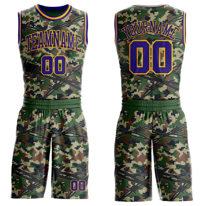 Custom Camo Dark Purple-Gold Woodland Camouflage Barbed Wire Round Neck Sublimation Salute To Service Basketball Uniform Jersey