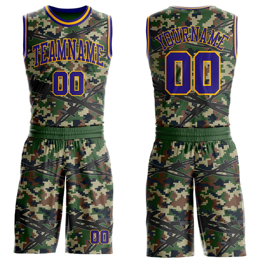 Custom Camo Dark Purple-Gold Woodland Camouflage Barbed Wire Round Neck Sublimation Salute To Service Basketball Uniform Jersey