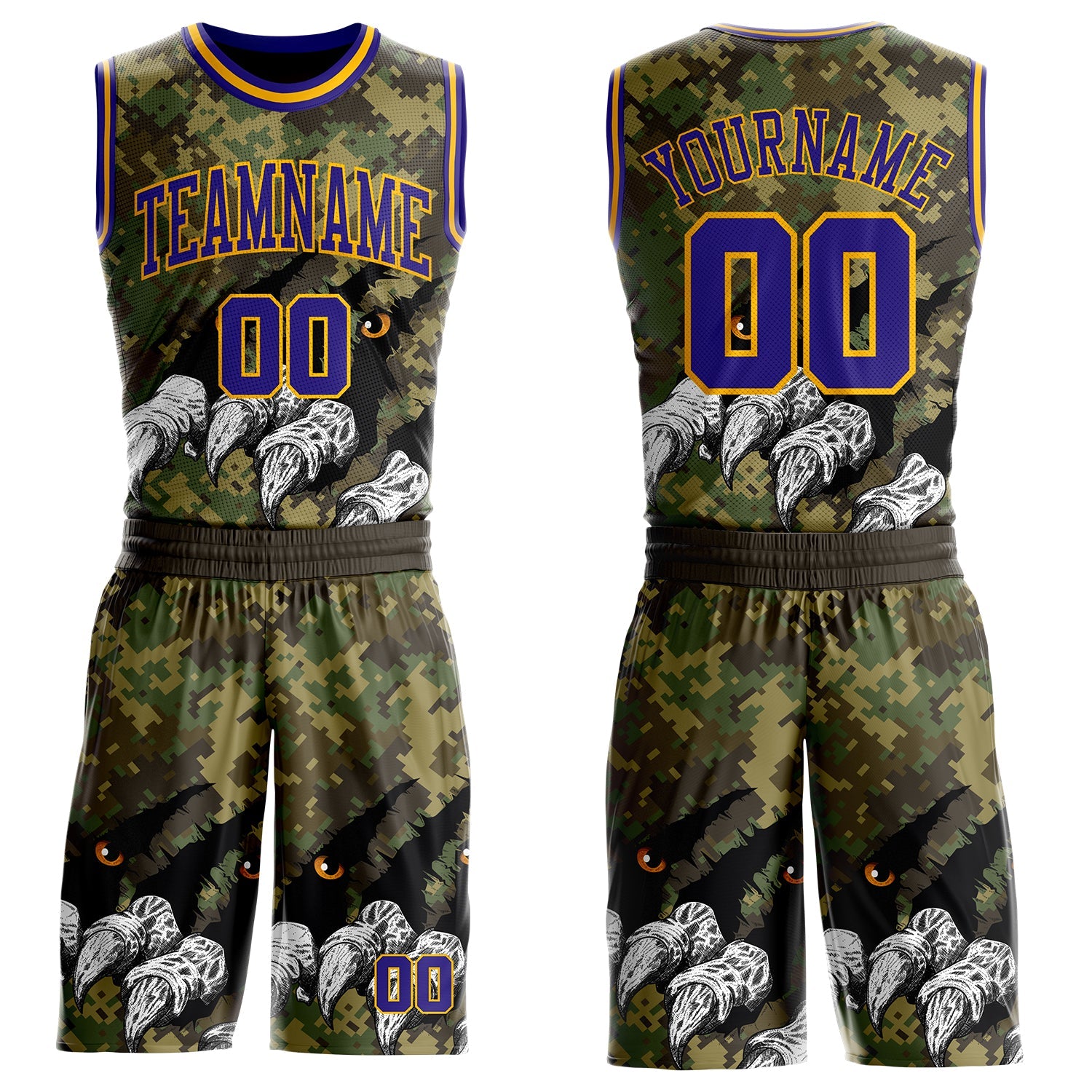 Custom Camo Dark Purple-Gold Digital Camouflage Monster Claw Round Neck Sublimation Salute To Service Basketball Uniform Jersey
