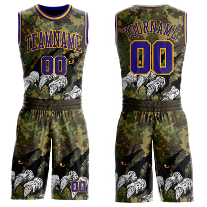 Custom Camo Dark Purple-Gold Digital Camouflage Monster Claw Round Neck Sublimation Salute To Service Basketball Uniform Jersey