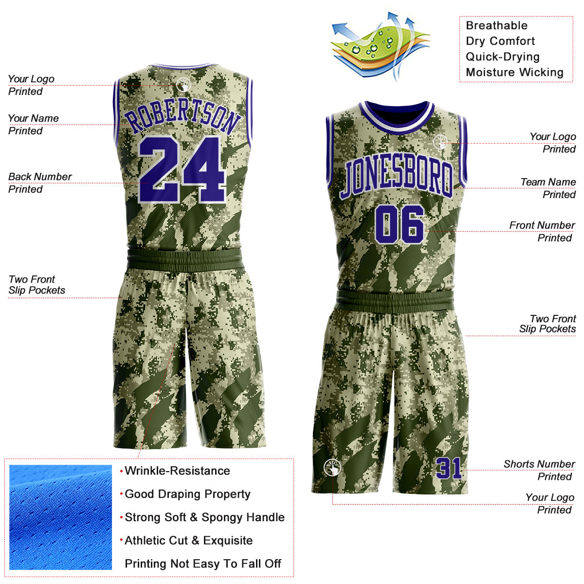 Custom Camo Dark Purple-White Digital Desert Camouflage Round Neck Sublimation Salute To Service Basketball Uniform Jersey