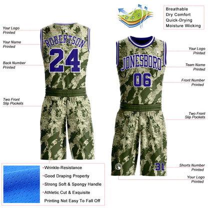 Custom Camo Dark Purple-White Digital Desert Camouflage Round Neck Sublimation Salute To Service Basketball Uniform Jersey